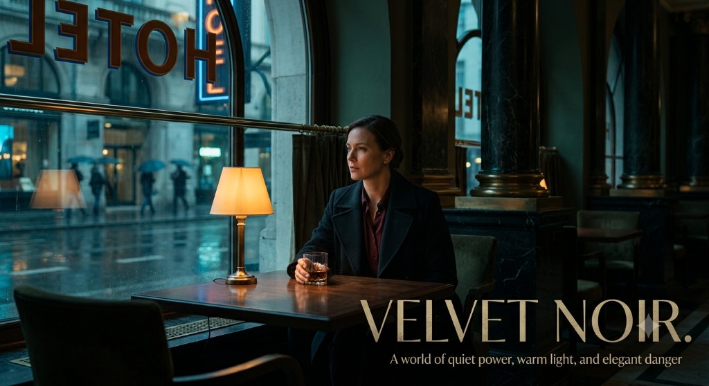A woman beside a warm lamp in a rain-soaked city hotel