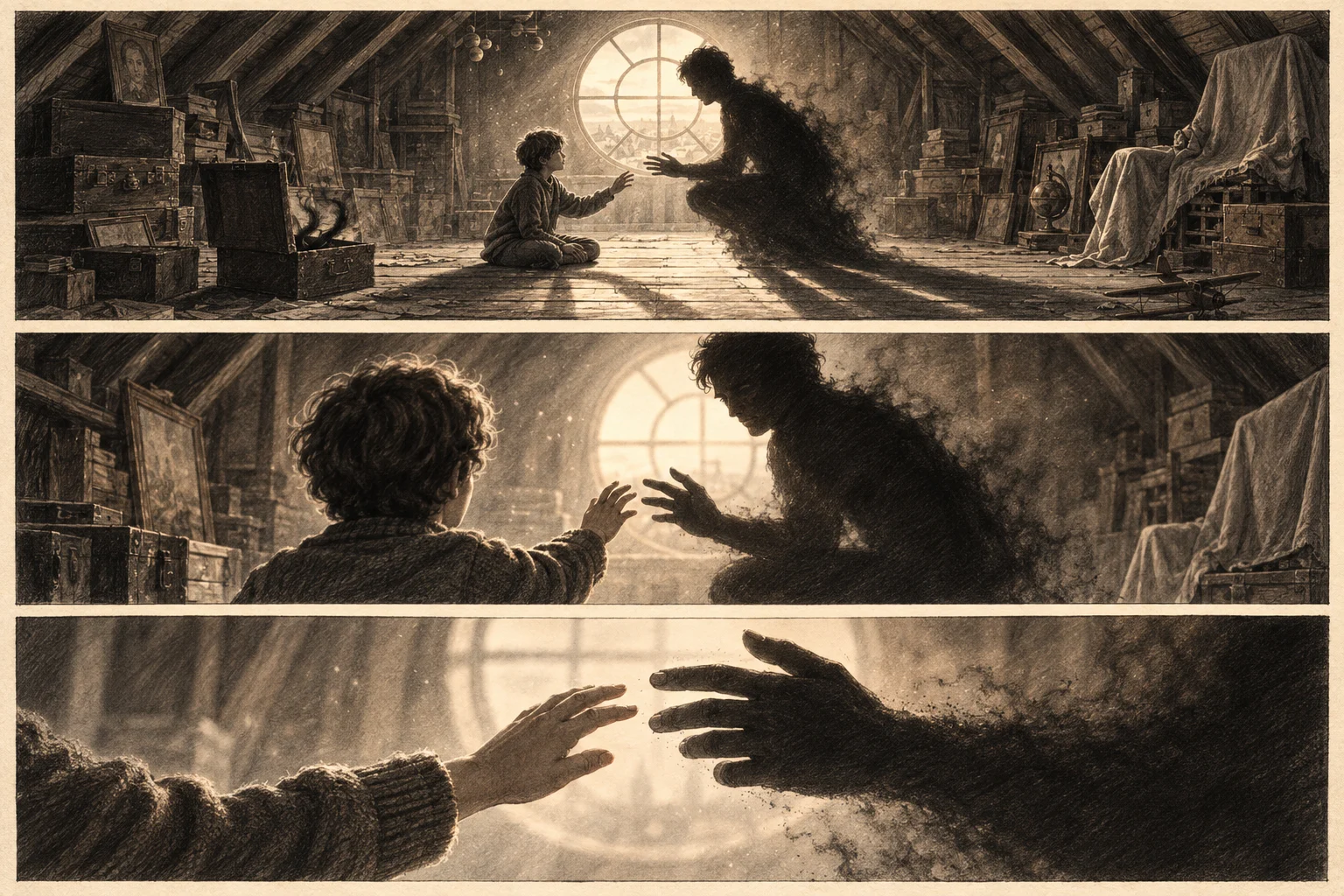Three pencil storyboard panels: the attic wide shot, an over-the-shoulder view, and the hands reaching toward each other