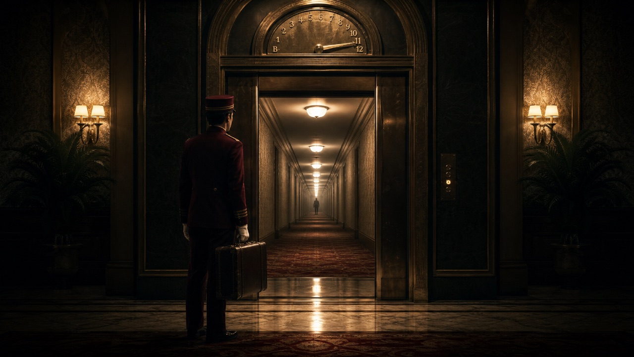 A porter looks into a warmly lit hotel corridor