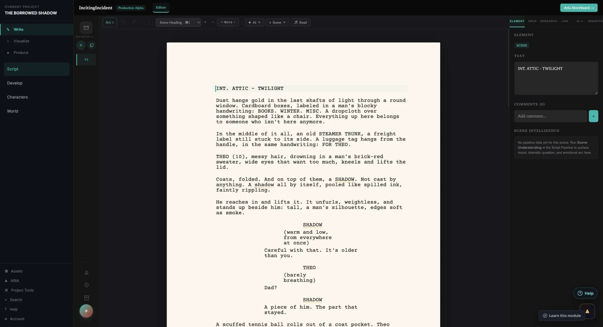The IncitingIncident script editor: THE BORROWED SHADOW open on INT. ATTIC - TWILIGHT, formatted as a screenplay