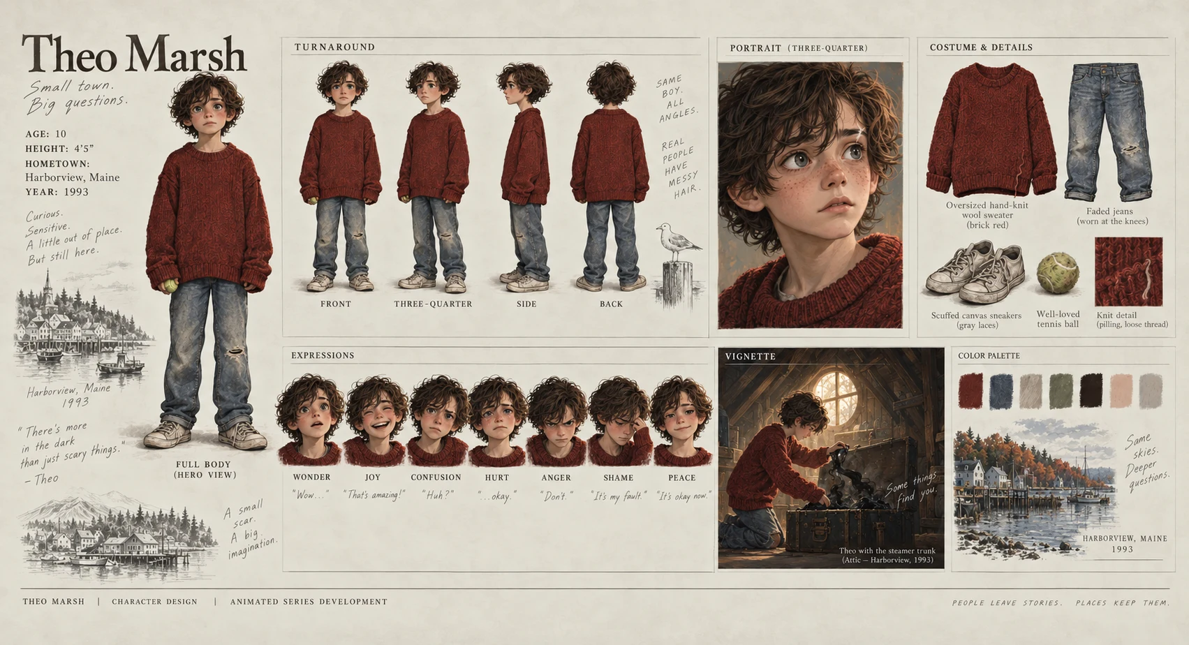 Theo Marsh character sheet: full body, turnaround, portrait, costume details, expressions, vignette, and color palette