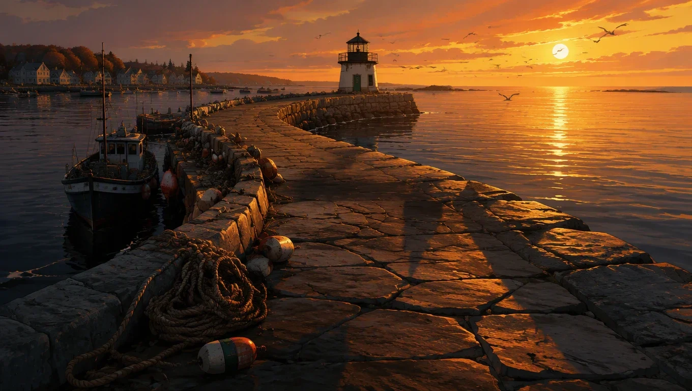 Wick Harbor at sunset: a stone harbor wall leading to the lighthouse, fishing boats moored alongside